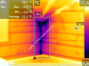 термограмма низкой температуры в углу дома из бруса