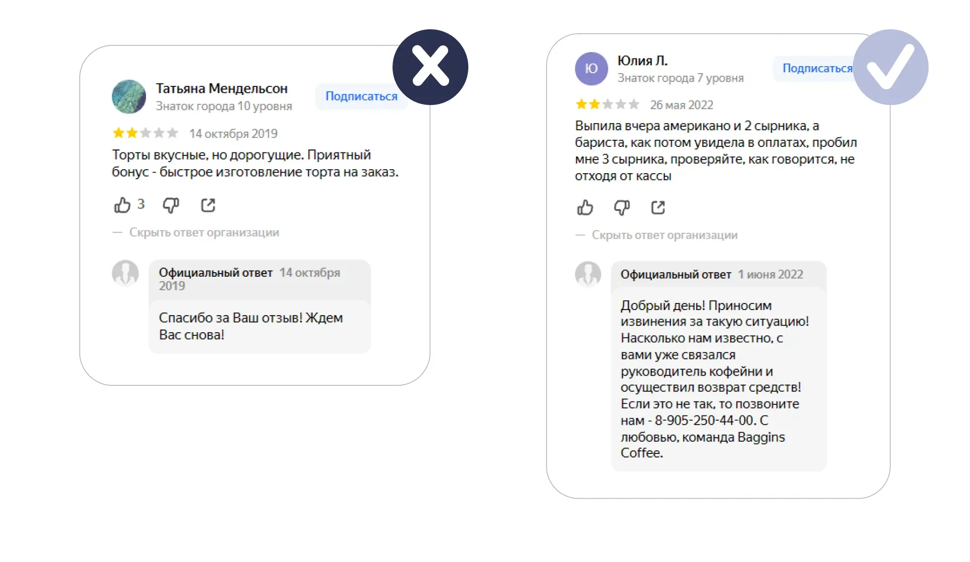 Пример плохого и хорошего, конструктивного ответа на отзыв в Яндекс картах