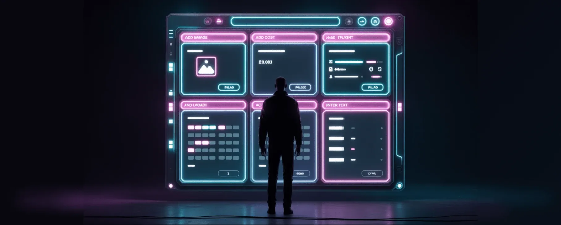 Силуэт человека перед неоновым интерфейсом управления данными и виджетами на большом экране.