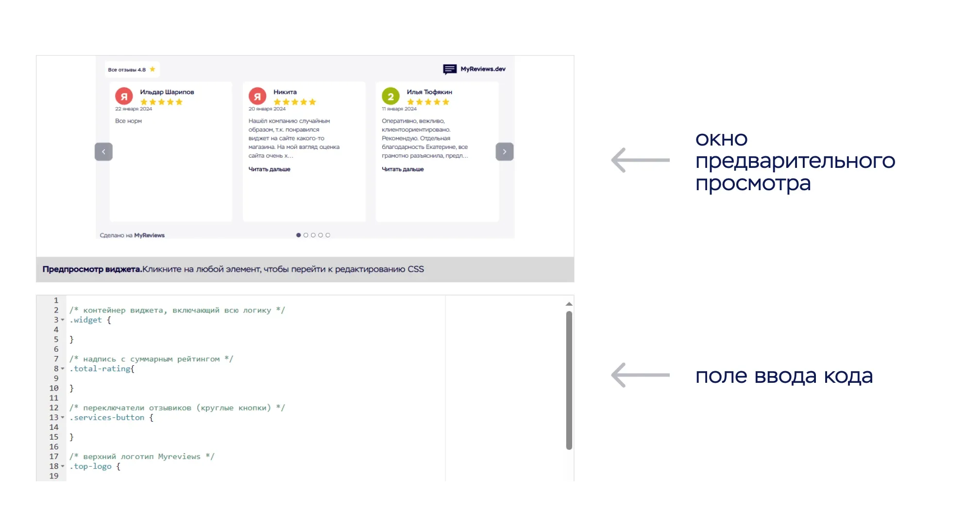 Страница с окном виджета и окном редактирования CSS