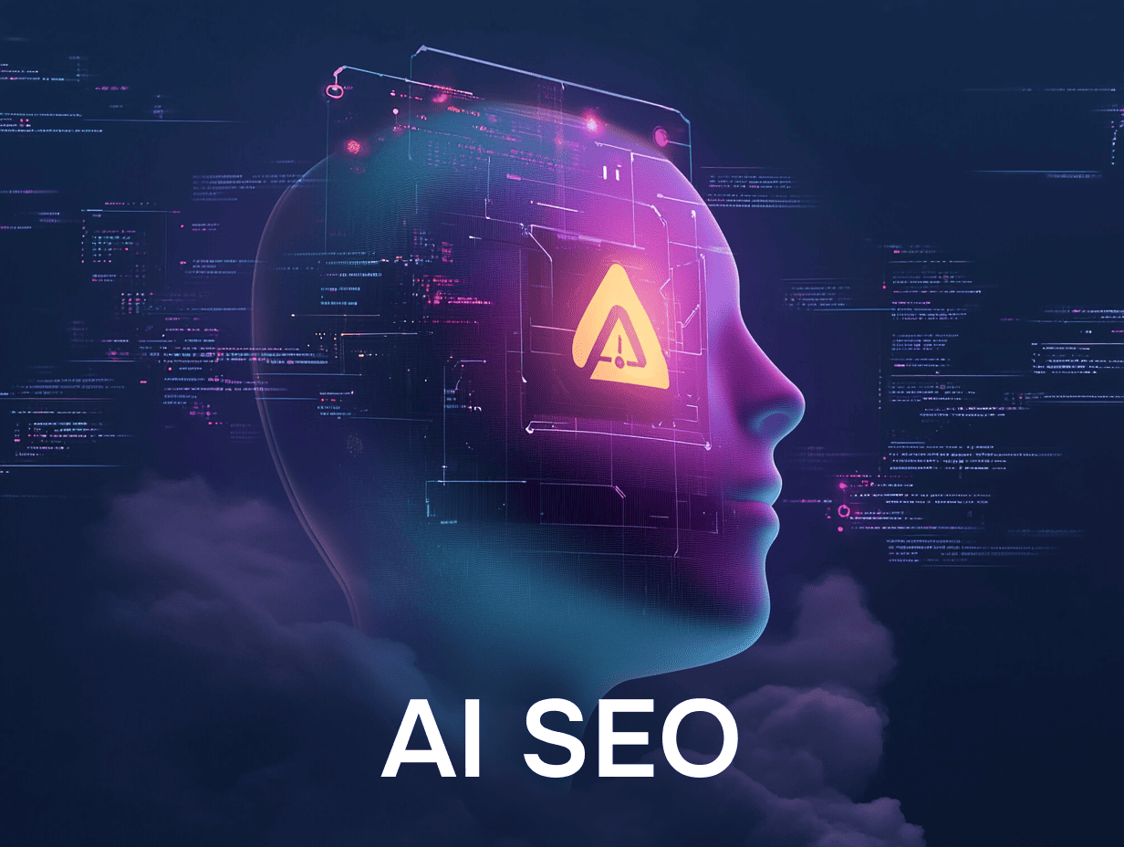 Голова человека с микросхемами и надписью AI SEO