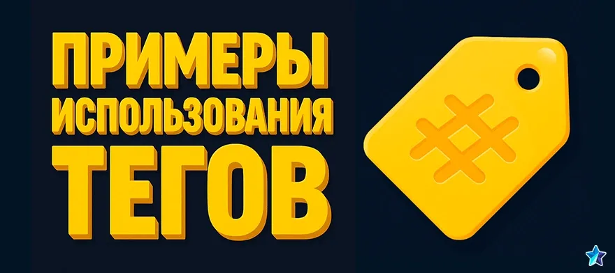 Золотые значок тега и надпись "Примеры использования тегов"