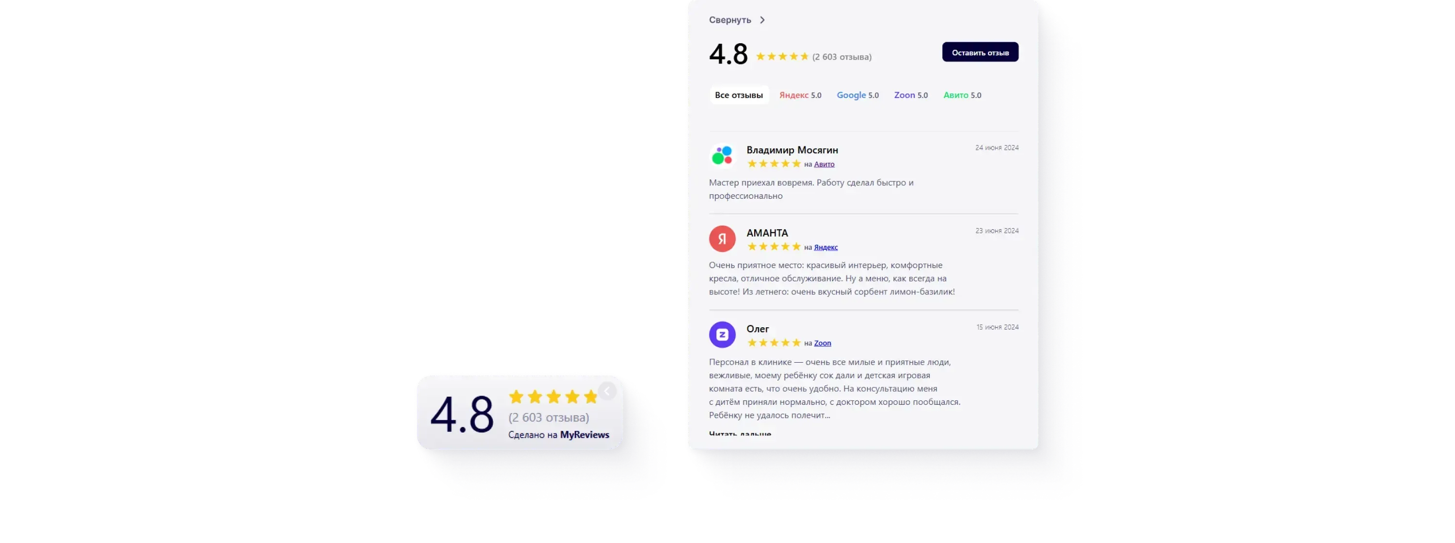 Бейдж с общим рейтингом и полотно с отзывами из НаПоправку, Яндекс Карт, Google, Zoon, Авито