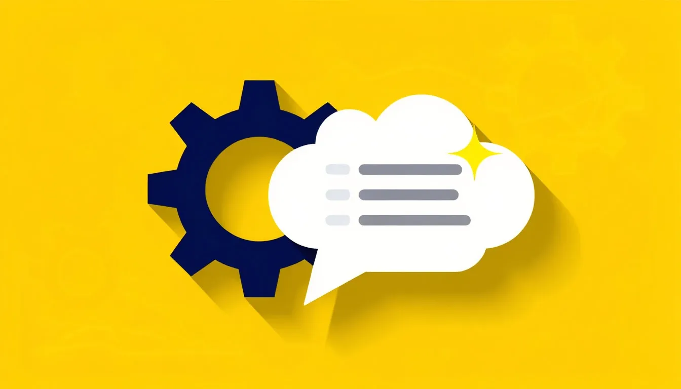 Плоская иллюстрация: шестерёнка настроек и облачко с текстом на жёлтом фоне — автоматизация ответов на отзывы.