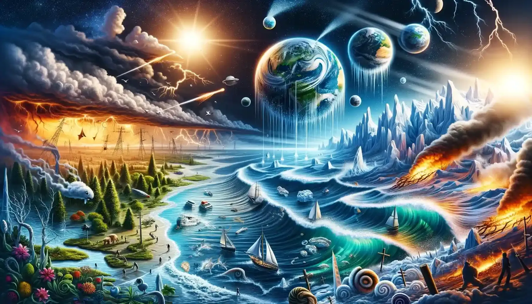 Волшебный космический мир с морем, лесами, полярными пустынями и вулканами