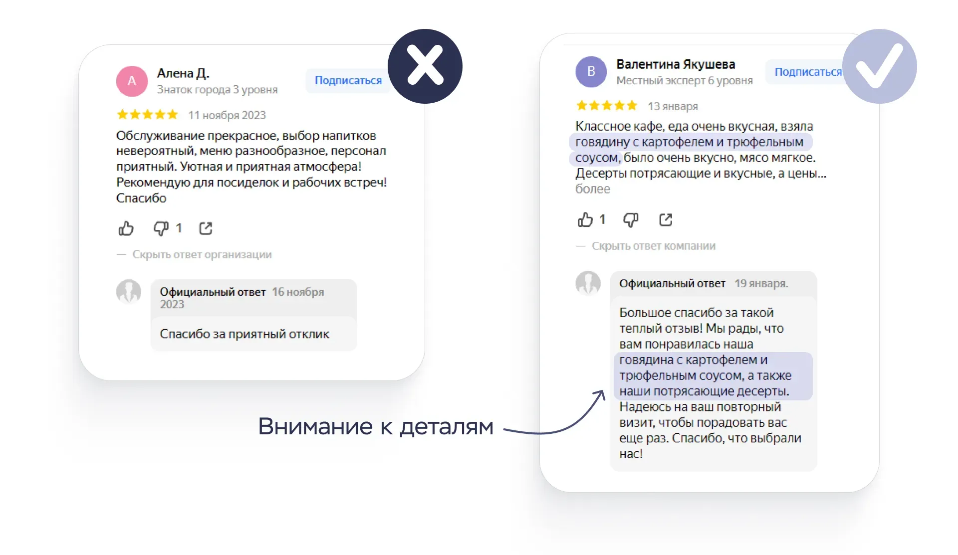 Пример плохого и хорошего ответа на отзыв клиента на Яндекс Картах, с подчёркиванием деталей