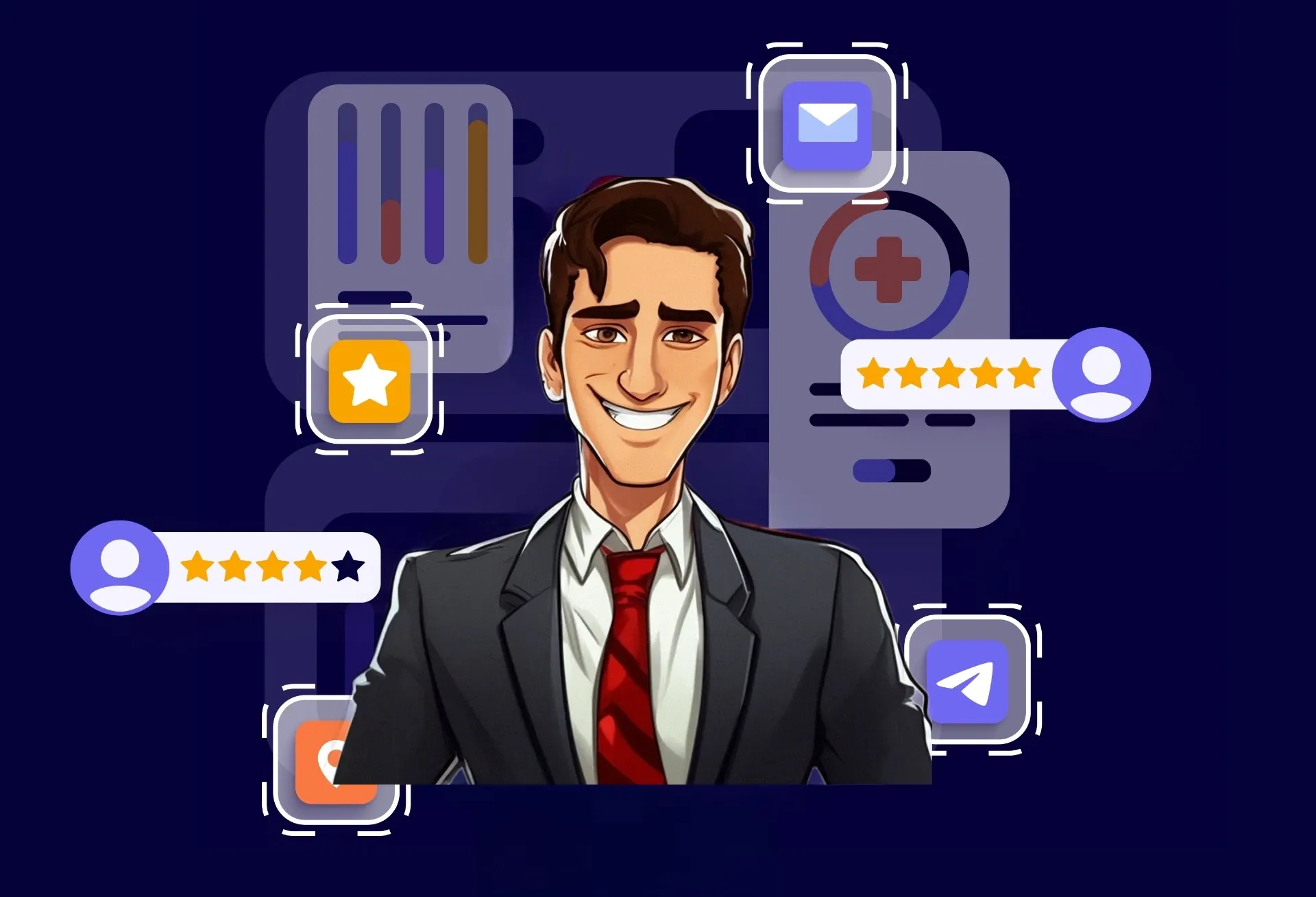 Деловой мужчина в костюме на фоне иконок почты, местоположения, Telegram, рейтингов и отзывов