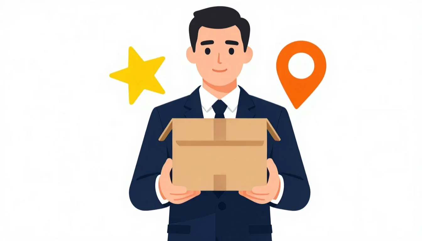 Плоская иллюстрация: менеджер с коробкой, звезда рейтинга и геометка — бизнес, отзывы и локация на карте.