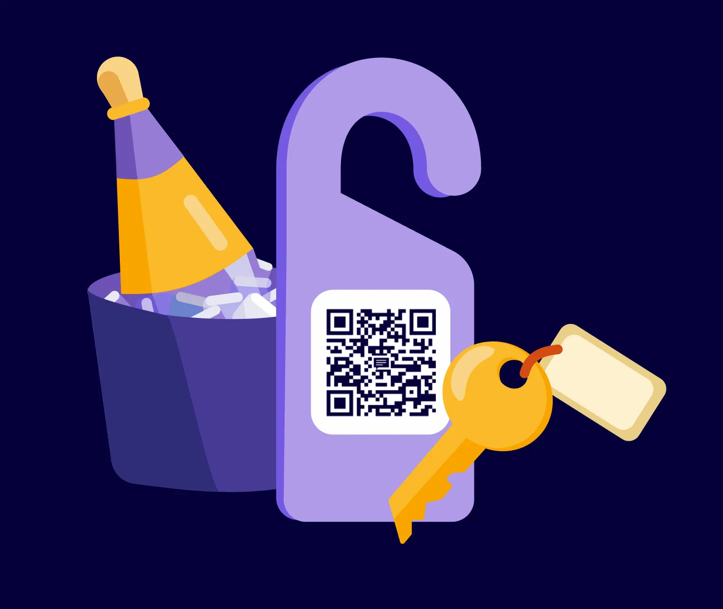 Вешалка с QR-кодом для сбора отзывов, рядом ключ от номера и ведёрко со льдом и шампанским