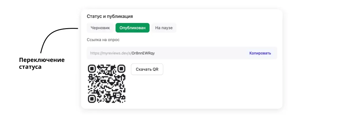 Статус «Опубликован», ссылка и QR-код.