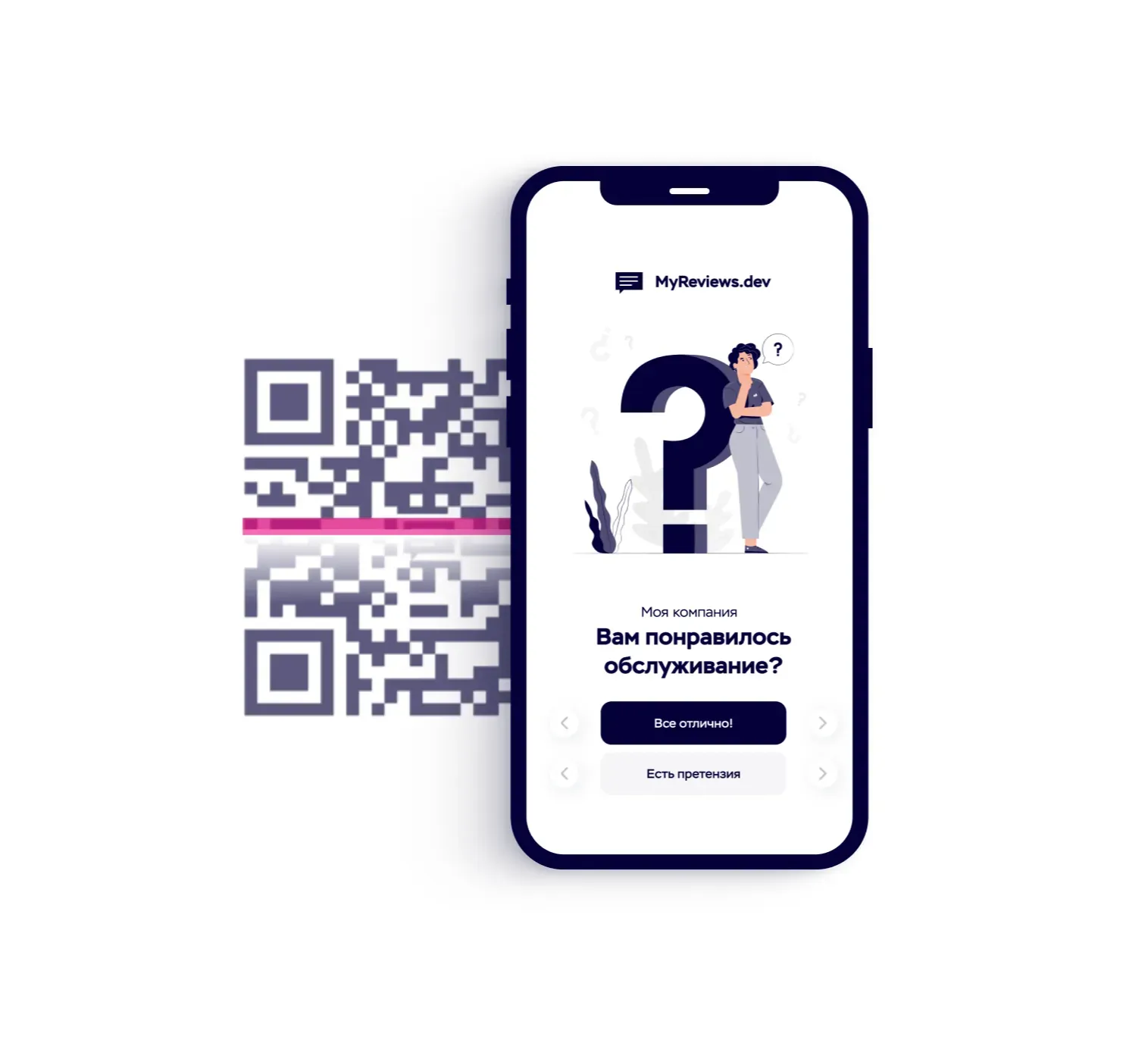 Экран телефона с опросом «Вам понравилось обслуживание?» на фоне QR-кода для сбора отзывов