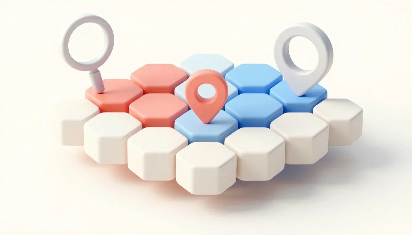 Объемная схема из шестиугольников с метками геолокации и лупой, символизирующая геоаналитику и выбор локации.