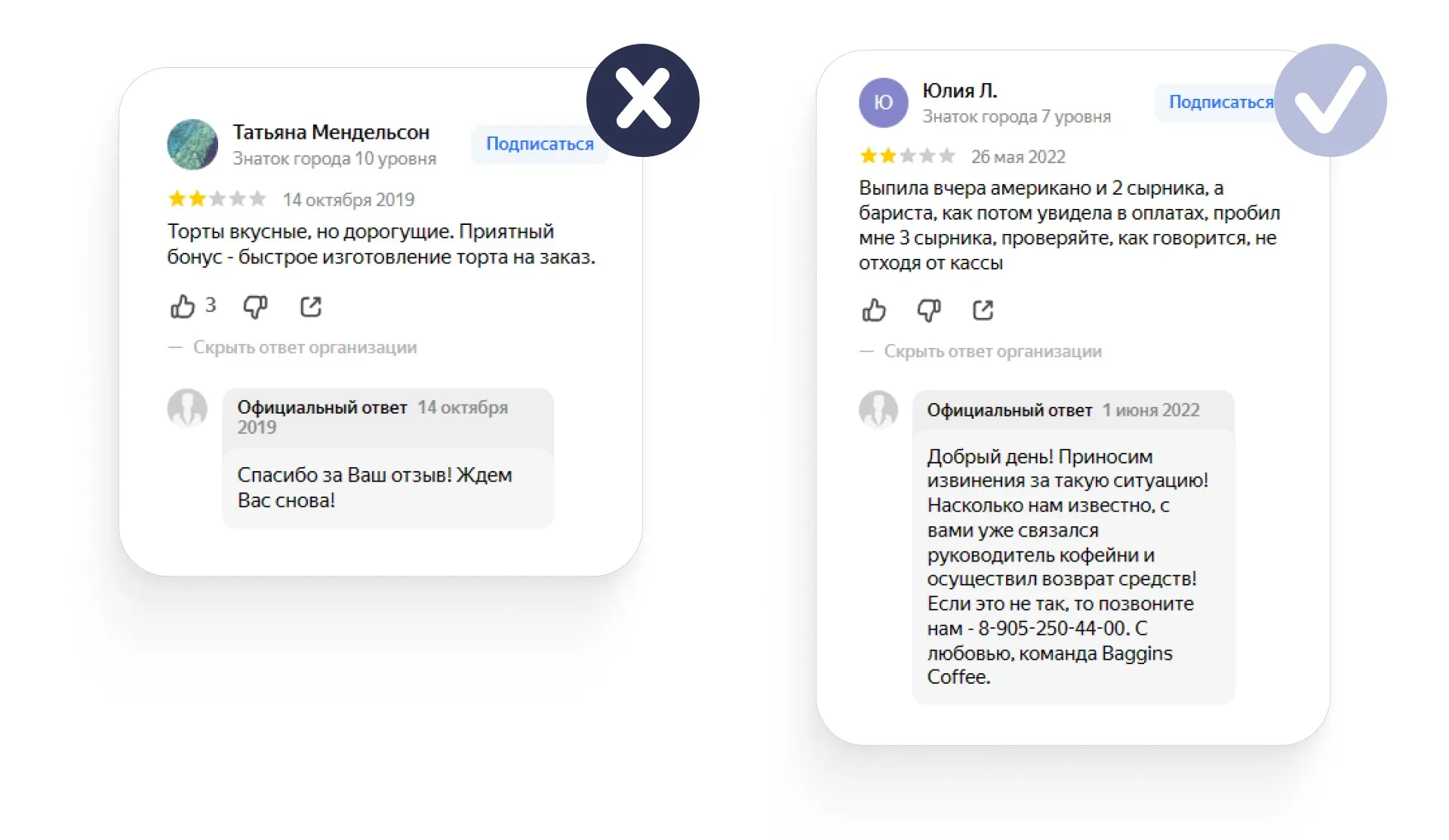 Два примера плохого и хорошего ответа на отзыв клиента