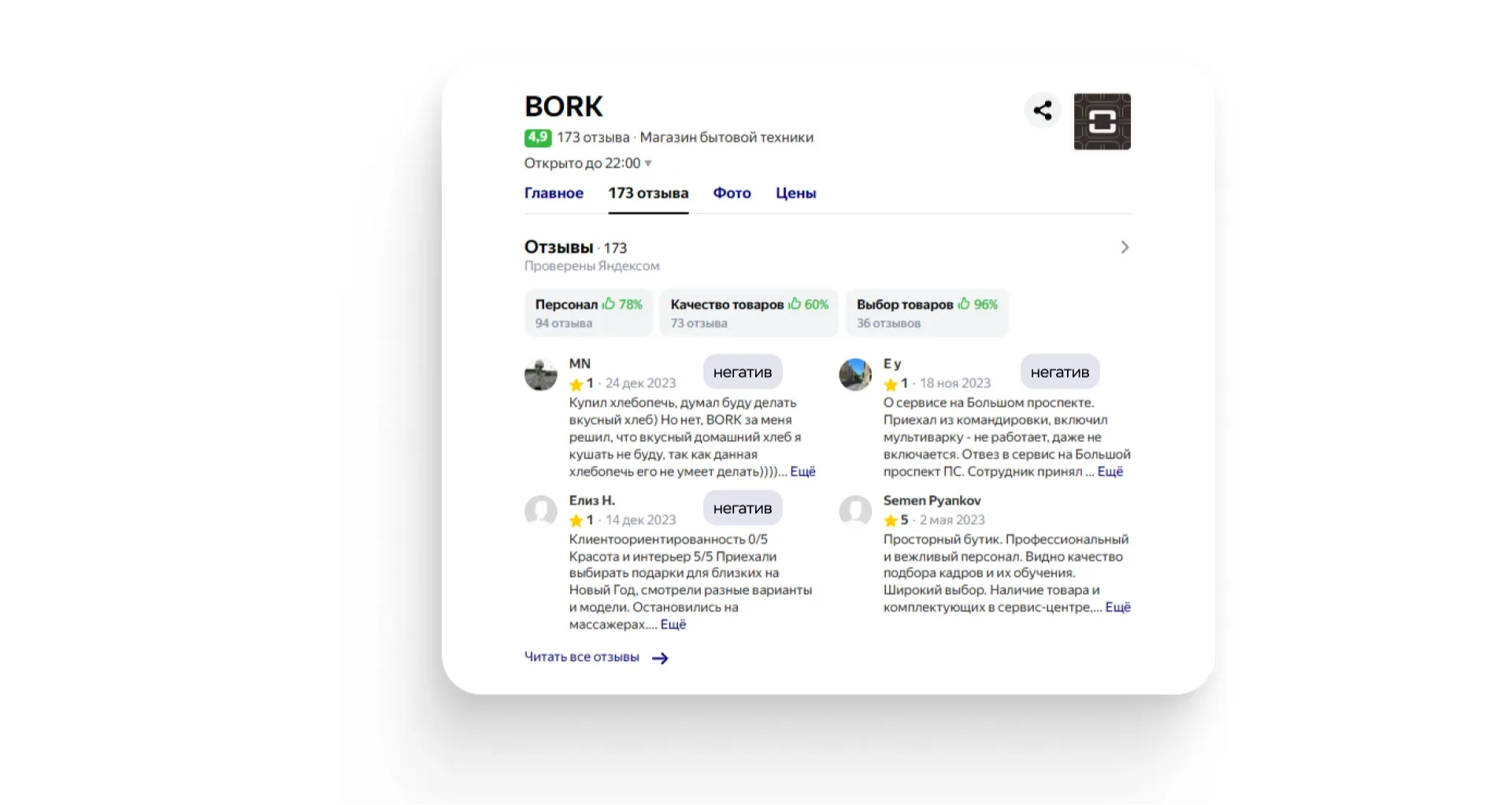Негативные отзывы о компании BORK на главной странице Яндекс Карт