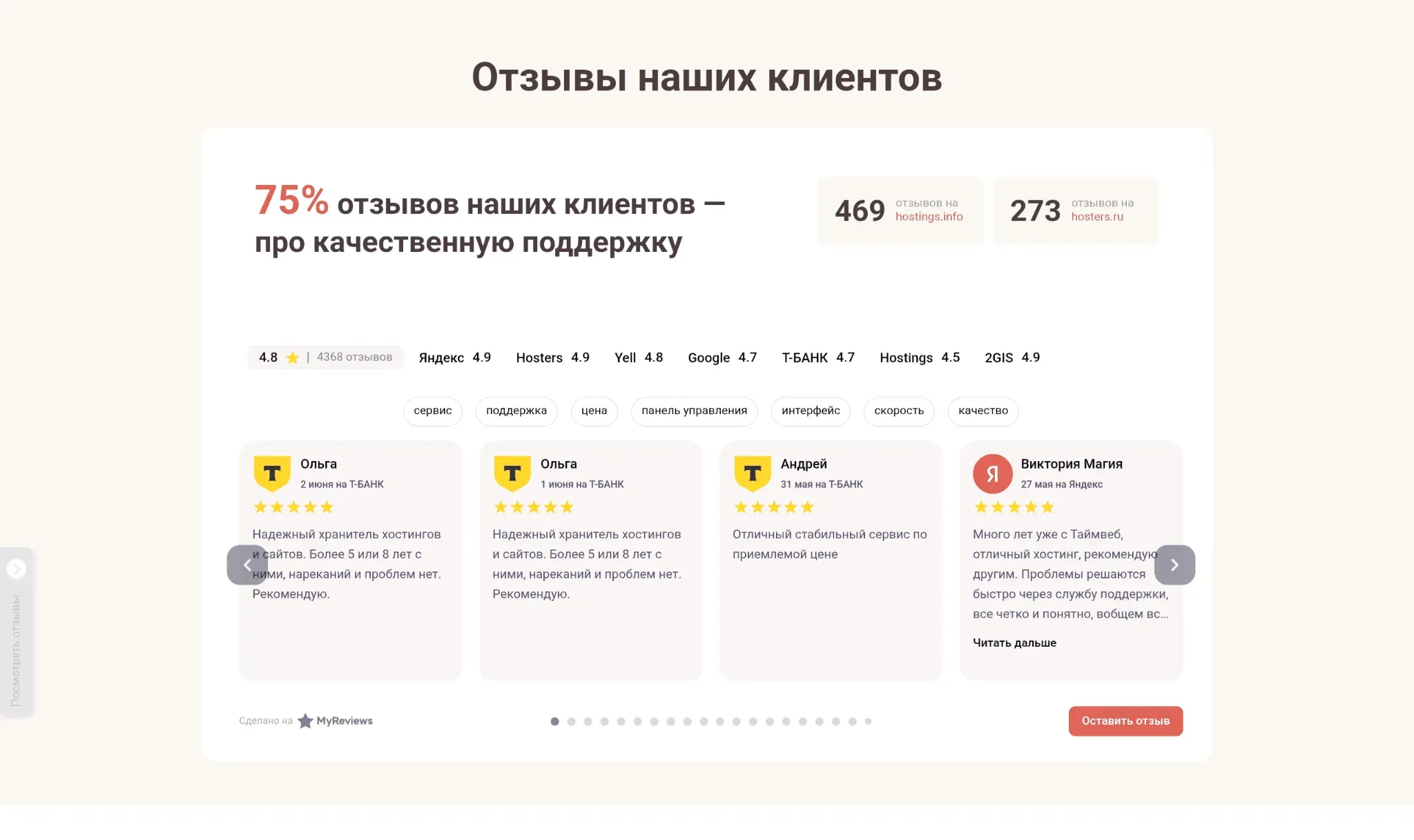 Виджет отзывов на сайте хостинга Timeweb от MyReviews