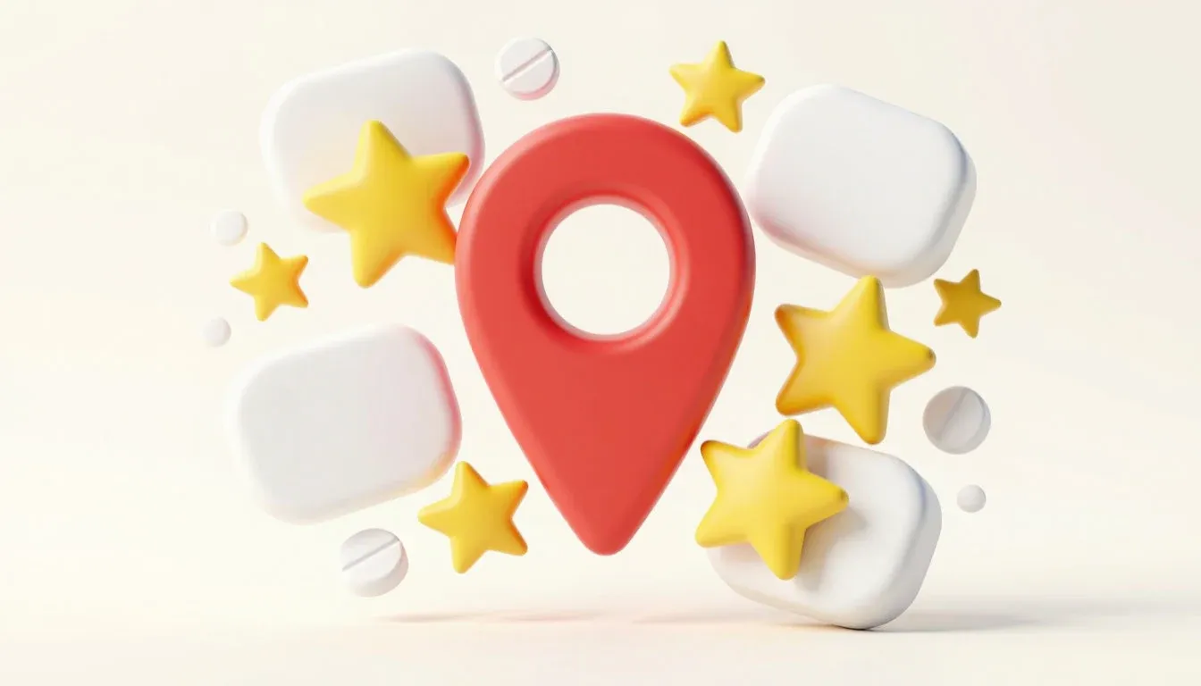 3D-иллюстрация: красная геометка, звезды и белые элементы на светлом фоне.