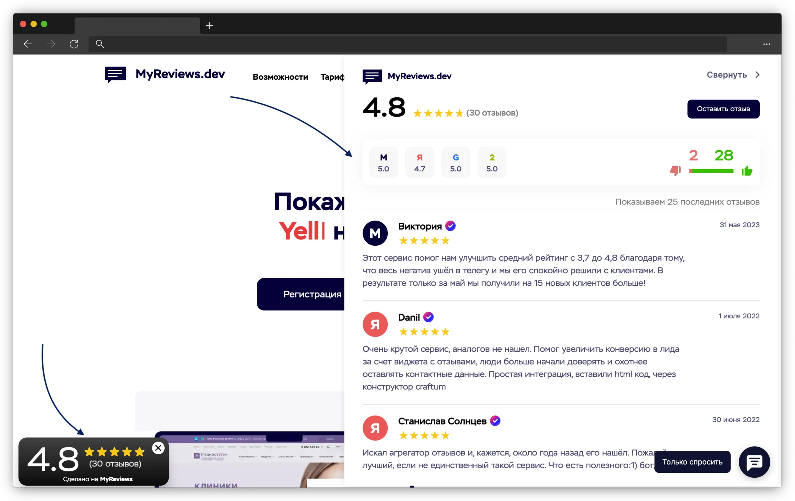 Виджет отзывов на сайте с общим рейтингом и полотном откликов