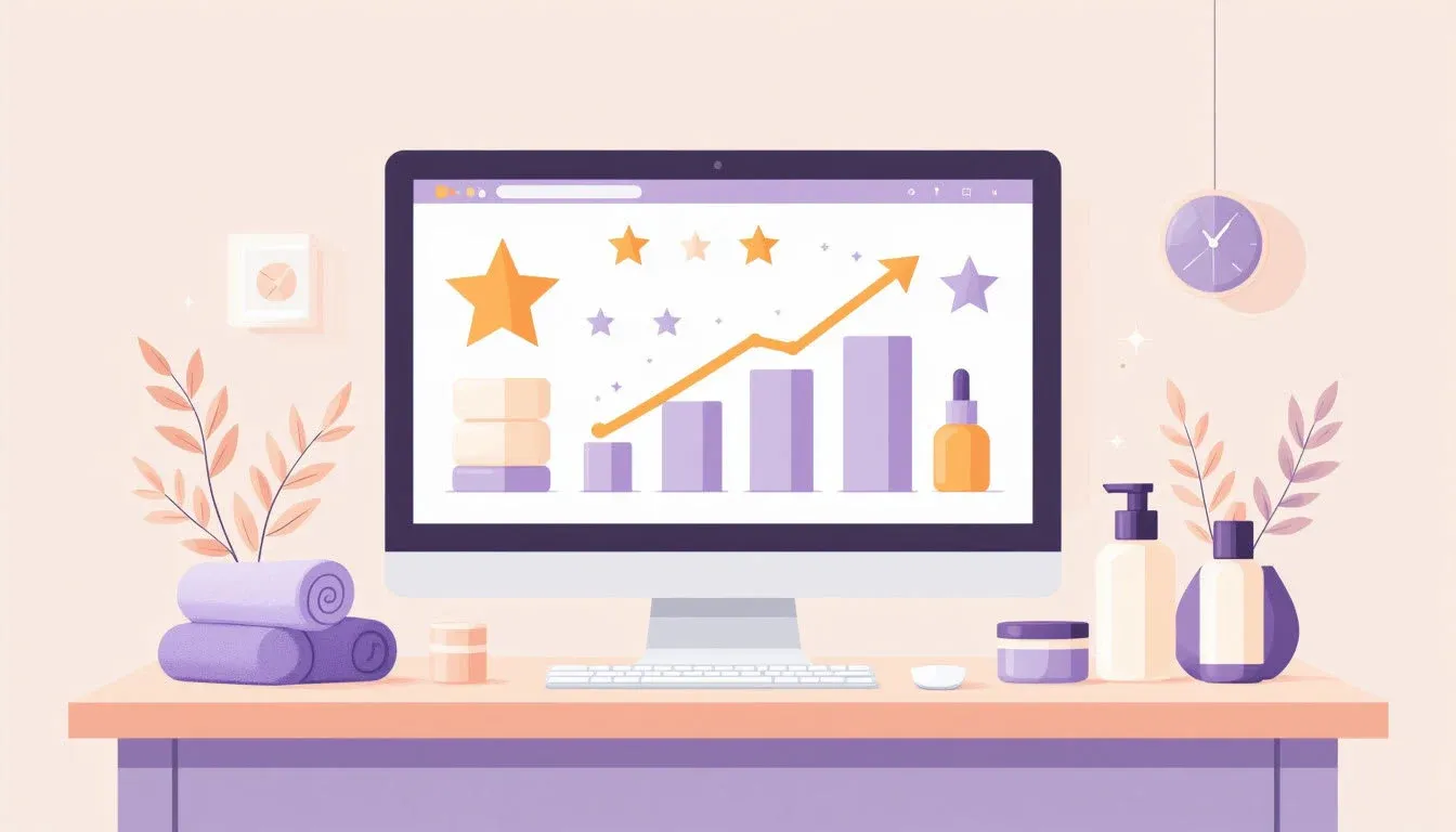 Иллюстрация роста репутации SPA-сети: рейтинг со звездами и восходящий график на экране