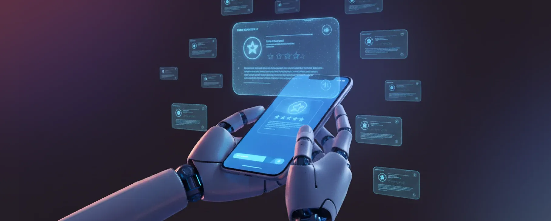 Роботизированная рука держит смартфон с виджетом отзывов и плавающими карточками рейтингов