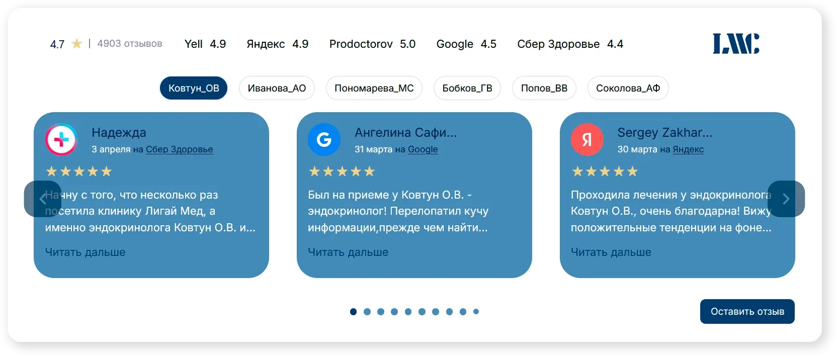 "Карусель"  - Виджет отзывов с тегами в виде имен сотрудников