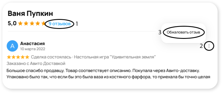 Скриншот отзыва на Авито с интерфейсом обжалования, показывающий опцию 'Обжаловать отзыв' в меню пользователя.