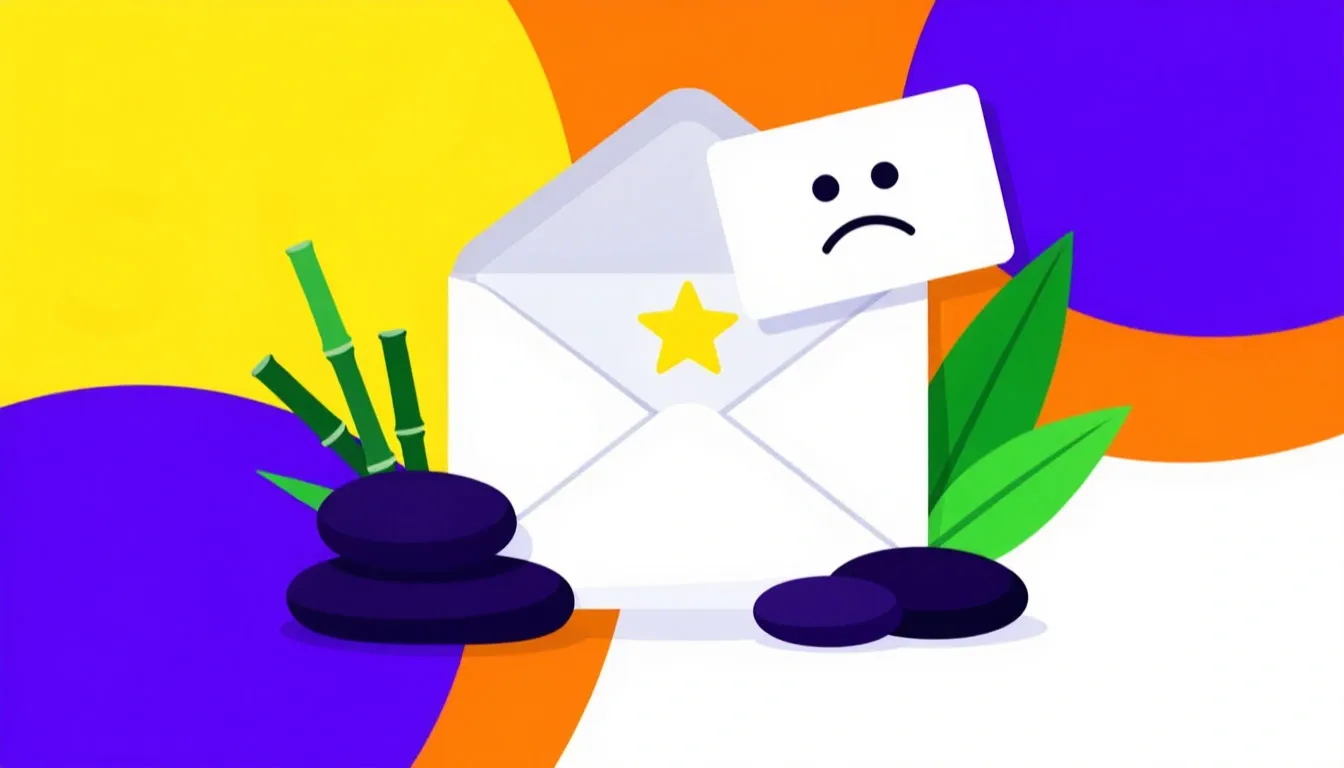 Иллюстрация: конверт со звездой рейтинга и грустная карточка на фоне камней и бамбука — метафора высокого рейтинга без клиентов.