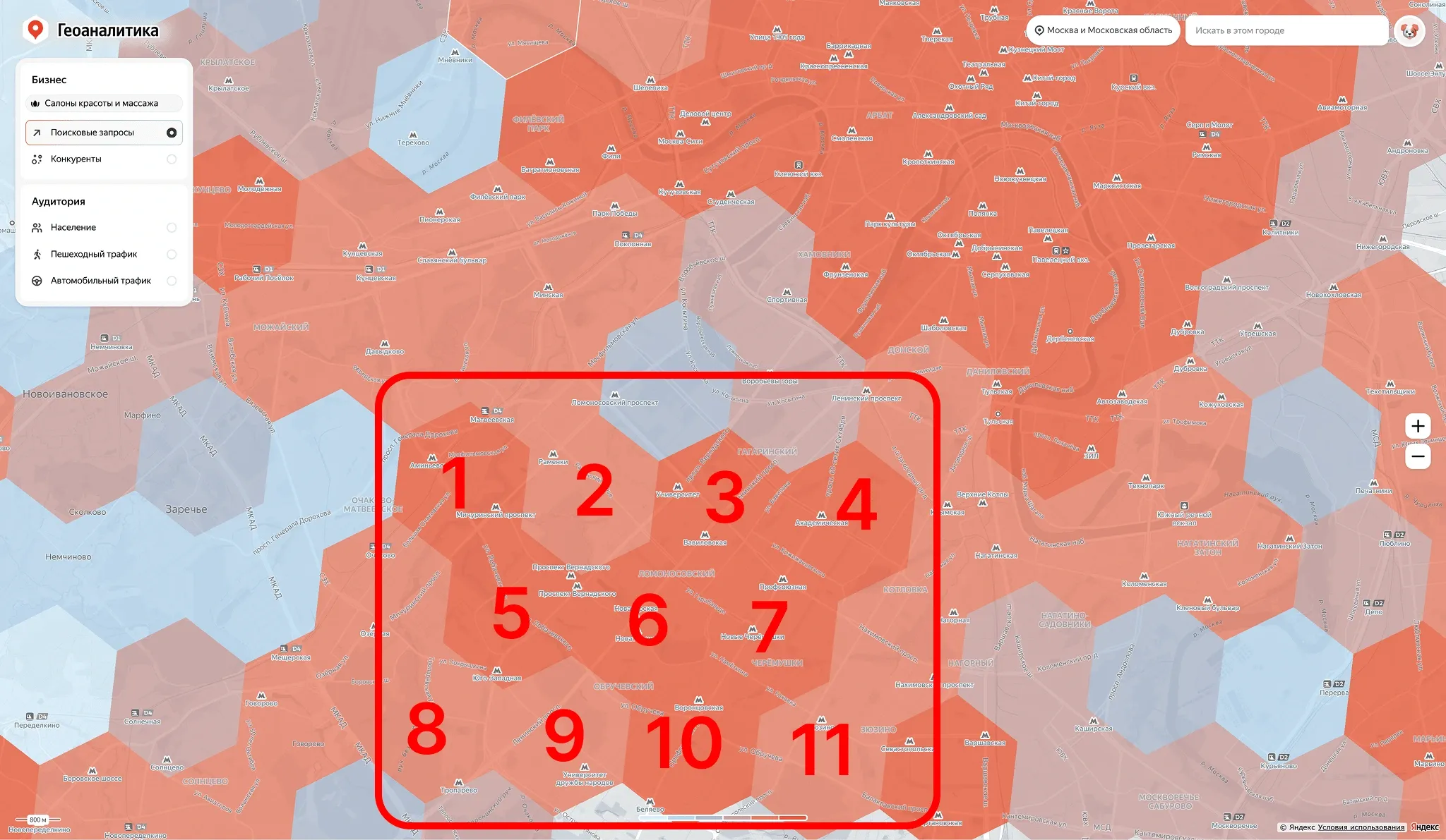 Карта геоаналитики с выделенной зоной и 11 секторами для сравнения локаций офлайн-бизнеса.