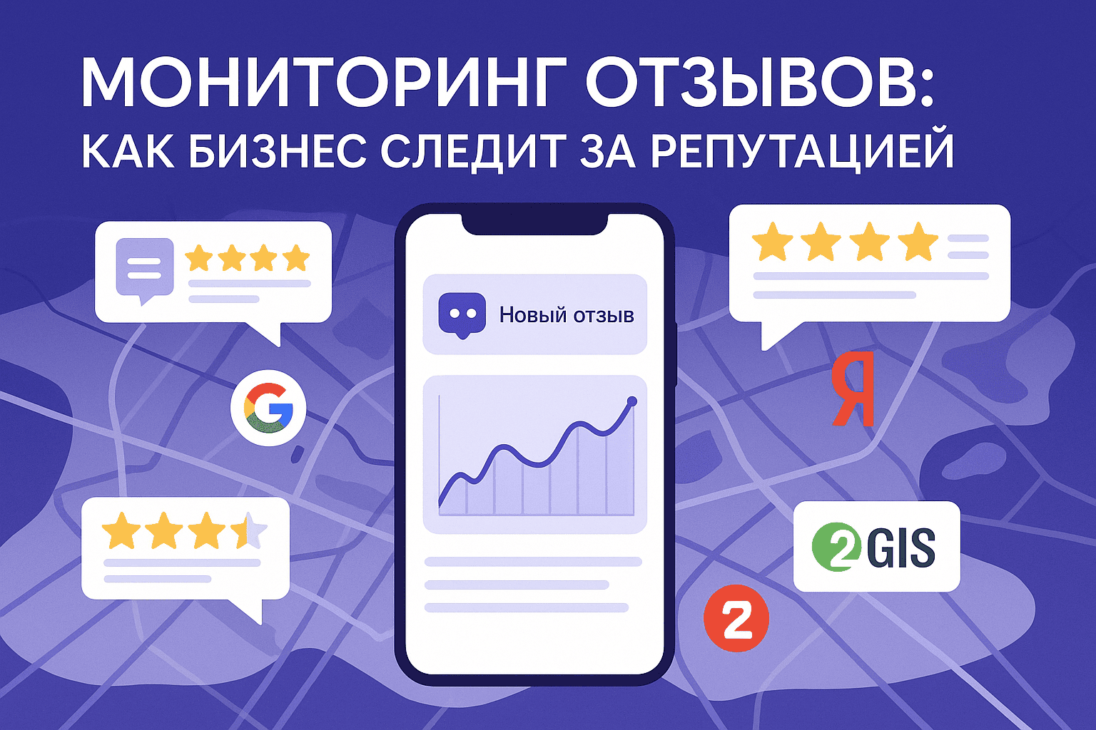 Уведомление о новом отзыве на телефоне позади которого карта с лого Яндекс и ДубльГиса