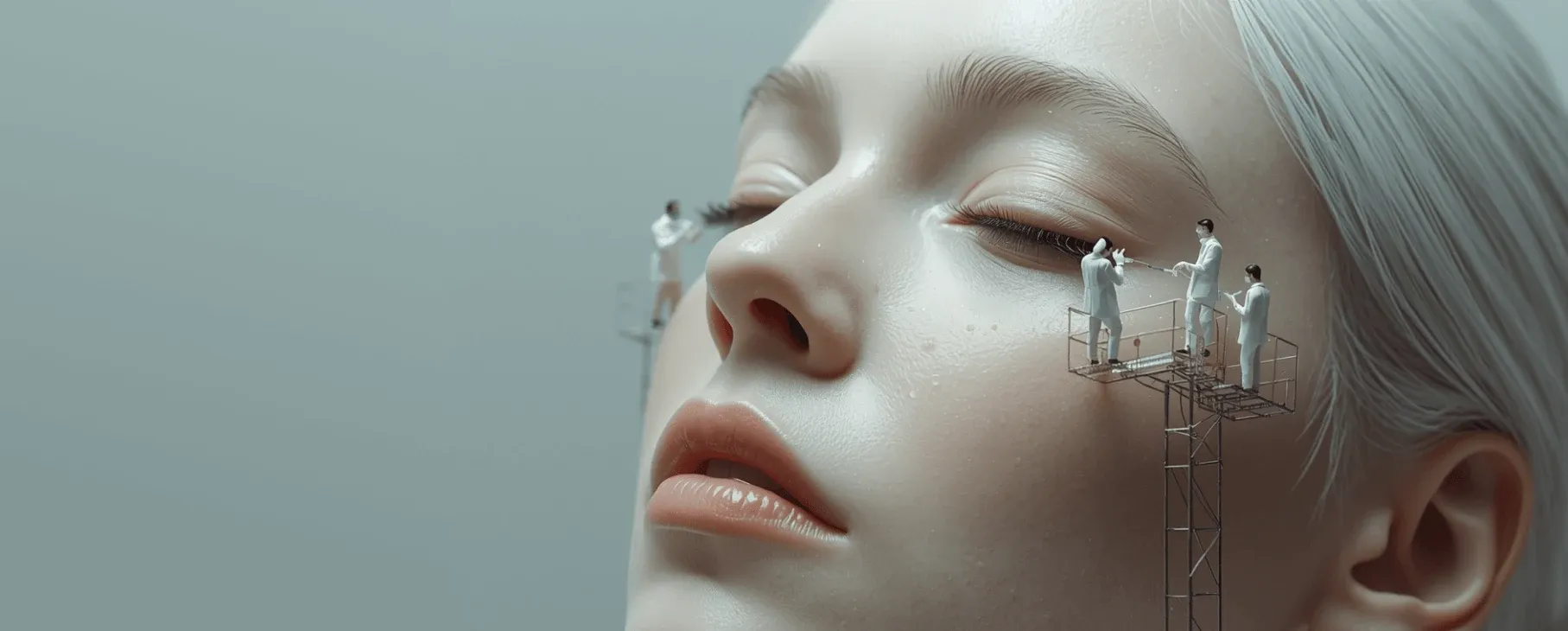 Девушка с закрытыми глазами, миниатюрные специалисты работают над ресницами — метафора бьюти-процедур.