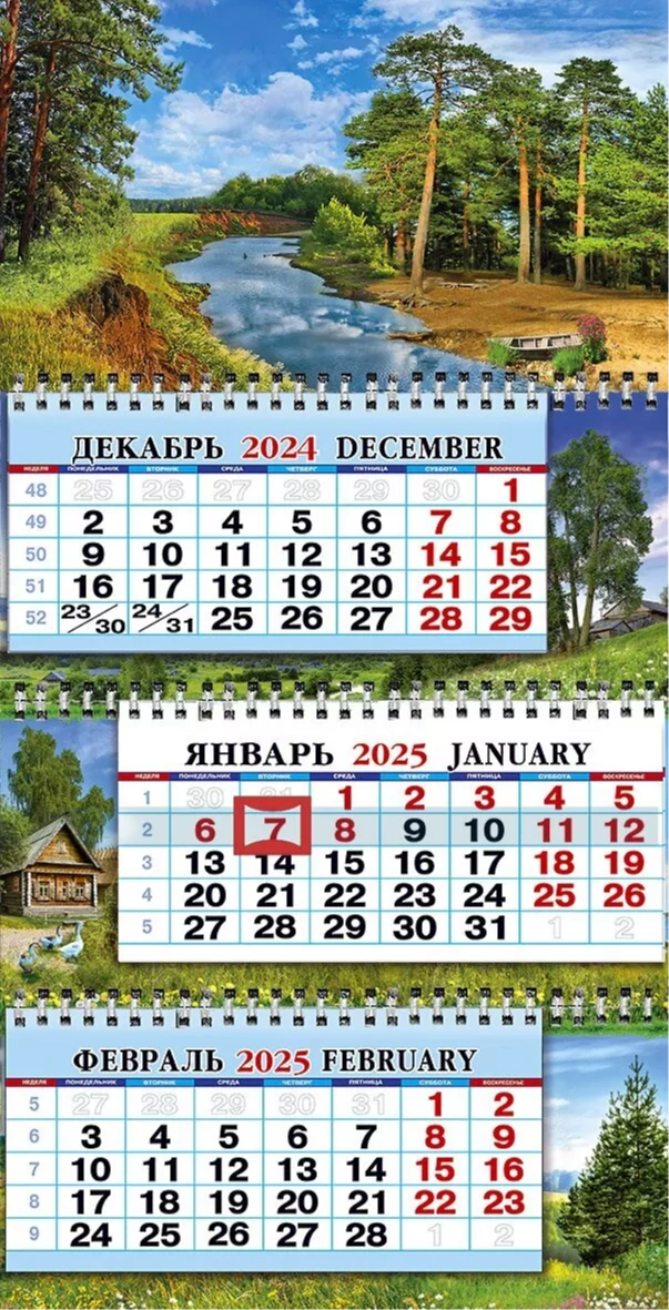 Сосновый бор с рекой - квартальный 2025 трехблочный  календарь среднего размера