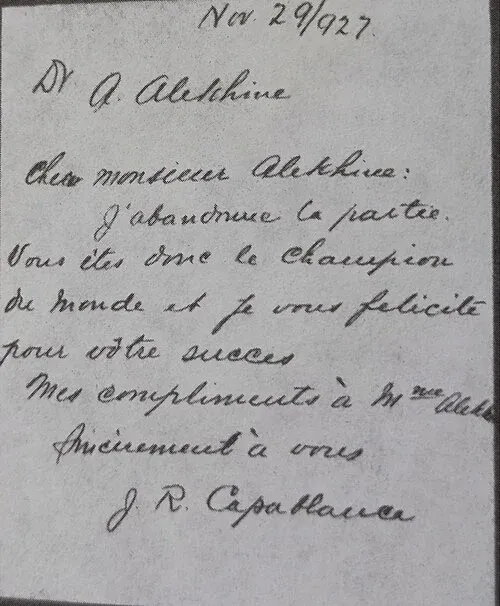 Письмо от Капабланки господину Алехину с просьбой о реванша
