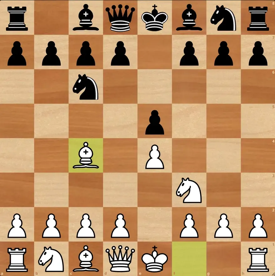 Итальянская партия в шахматах — позиция после ходов 1.e4 e5 2.Кf3 Кc6 3.Сc4 на виртуальной доске Lichess