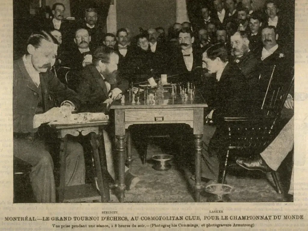 Вильгельм Стейниц и Эмануил Ласкер во время матча за звание чемпиона мира 1894 года