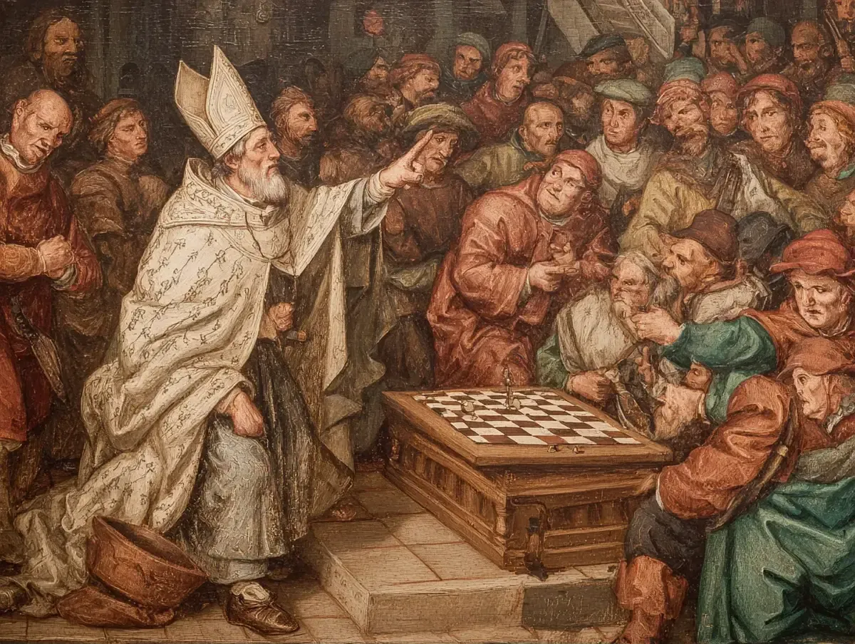 Древняя картина: Церковь запретила шахматы как азартную небогоугодную игру.