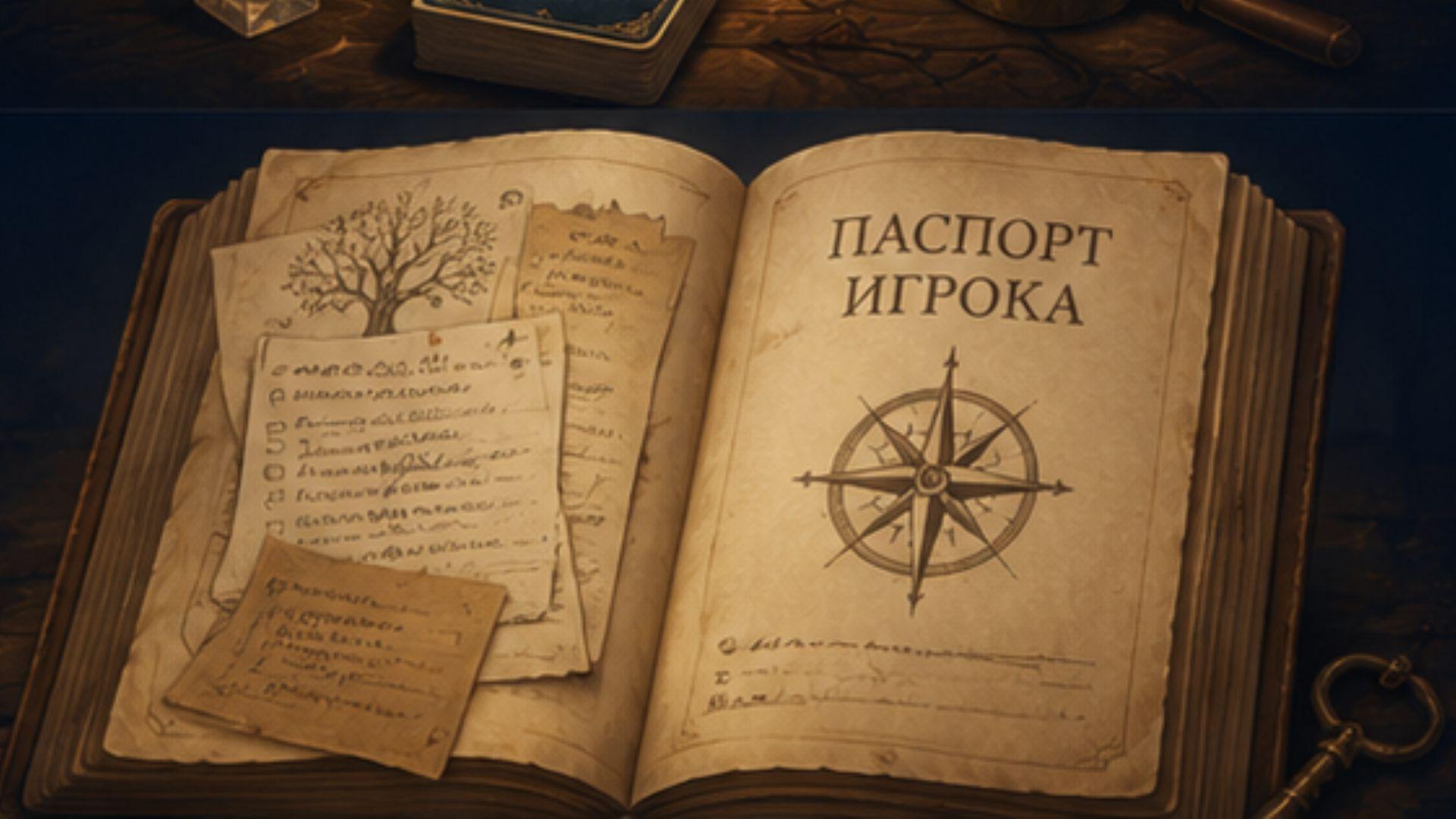 Открытый Паспорт игрока с записями и символом компаса