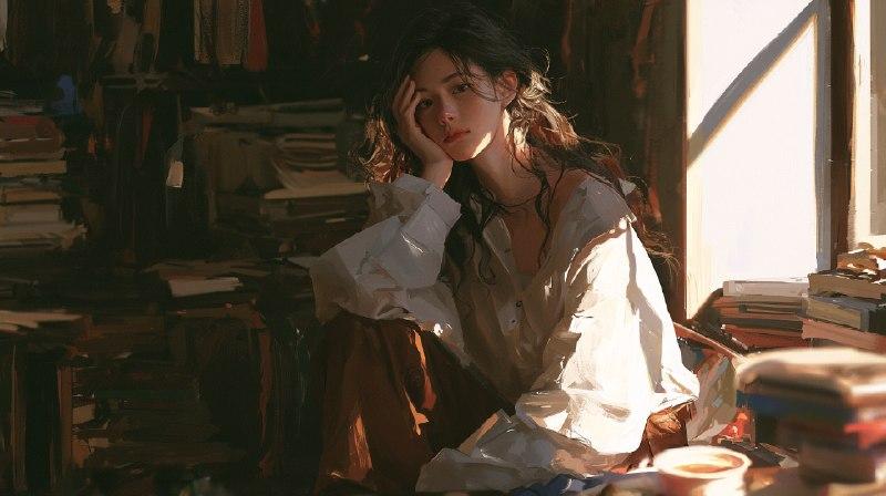 Задумавшаяся женщина среди книг — навязчивые мысли и тревога в психоанализе