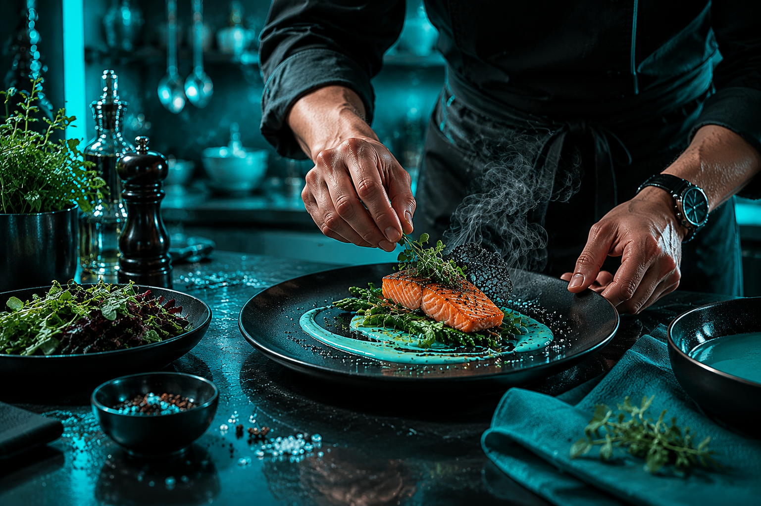 Премиальное фото современной кухни с шеф-поваром, который оформляет блюдо из свежего лосося с гарнирами и соусом на тёмной поверхности, окружённой ароматными травами и стильными кухонными аксессуарами, выполненное в сине-бирюзовой палитре #6BD0D9, #6EDAE3, #227078, #222222, #282828, передающее профессионализм и высокое качество подачи блюд.