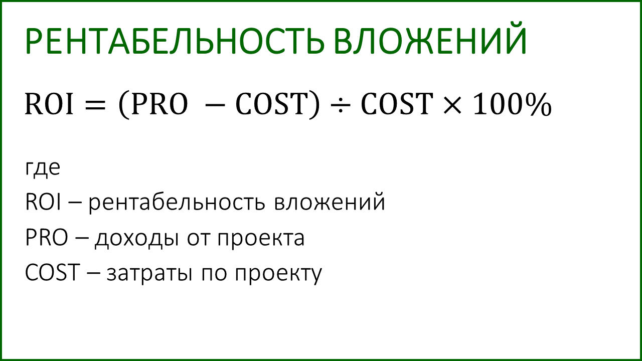 Формула рентабельности вложений