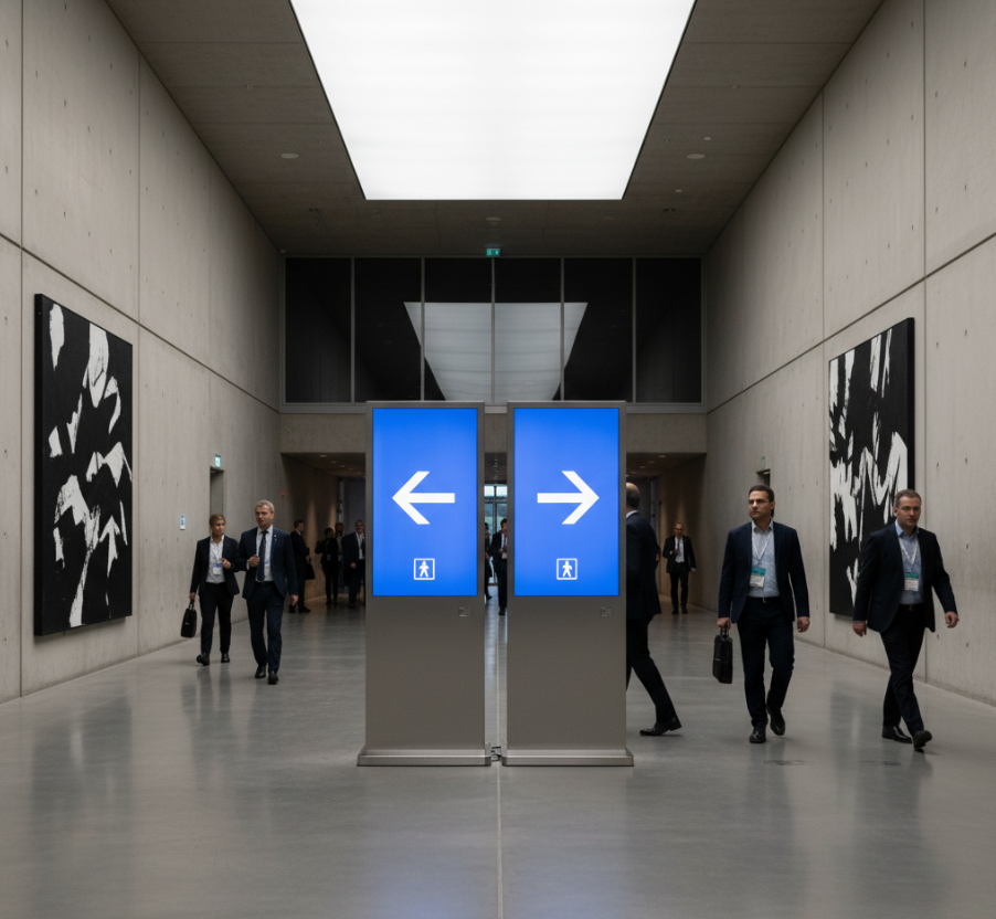 Коридор площадки с навигационными стойками заметными издалека