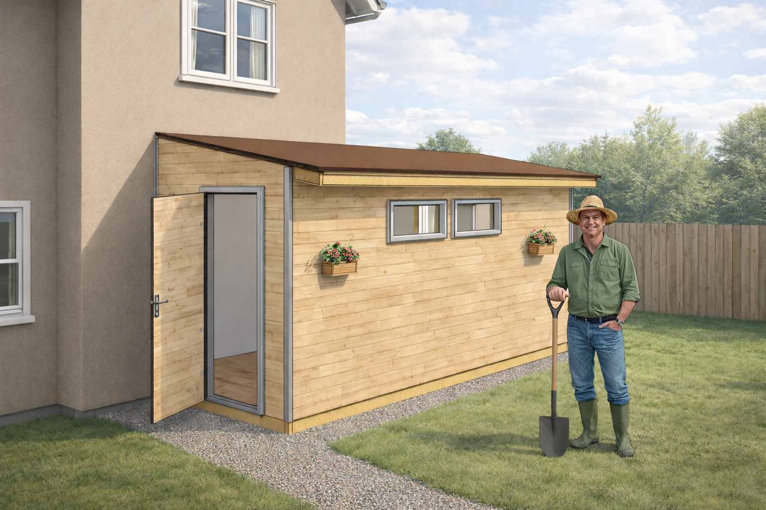 Хозблок шириной 2 м длинной 4 м, каркас, надежное основание, односкатная крыша, кровля - профлист или гибкая черепица 