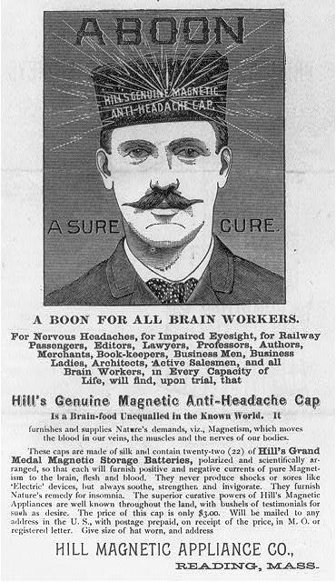 Hill’s Genuine Magnetic Anti-Headache Cap, ок. 1880–1910. Library of Congress, Prints and Photographs Division. No known restrictions on publication.