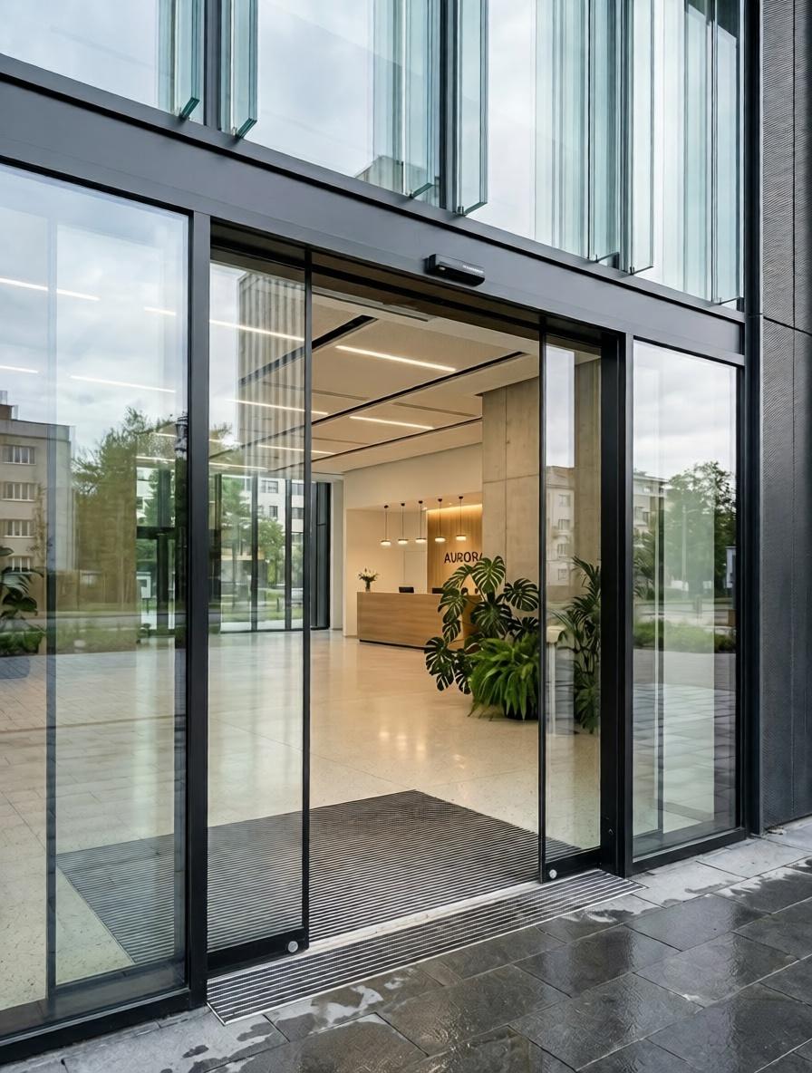 автоматические раздвижные стеклянные двери на входе в бизнес-центр