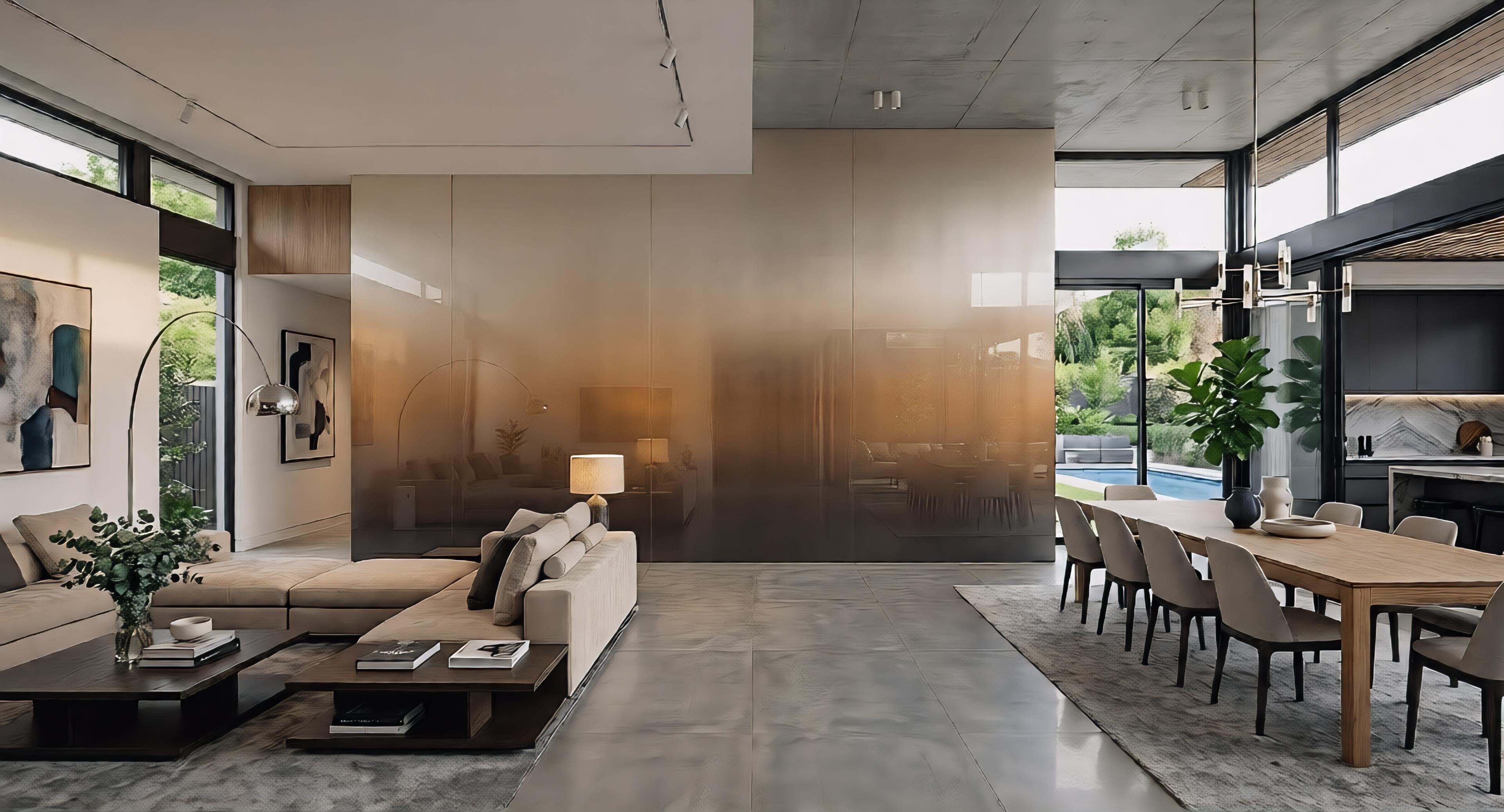 гостиная с акцентной стеной из стеклянных панелей с градиентной покраской