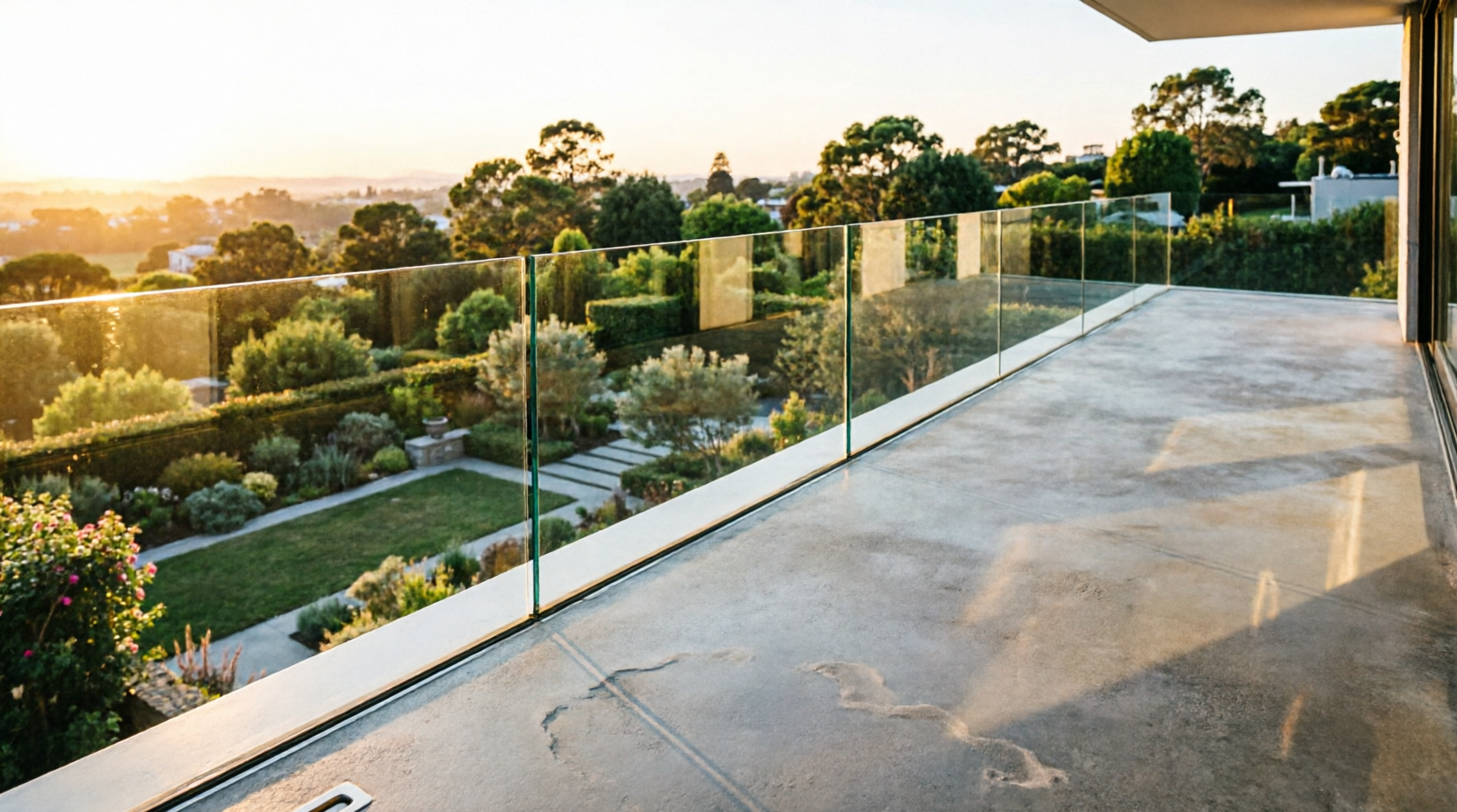 стеклянное ограждение террасы со скрытым крепежом, стекло уходит в пол, панорамный вид на сад