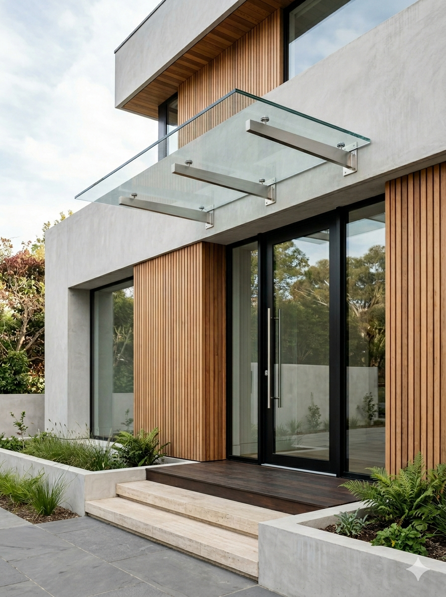 стеклянный козырек на консолях из нержавеющей стали над входом в современный дом