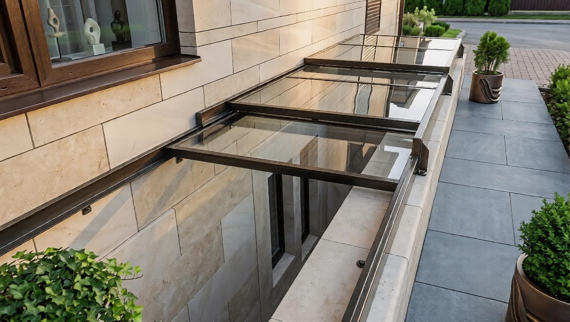 остекление приямка на металлокаркасе из нержавеющей стали