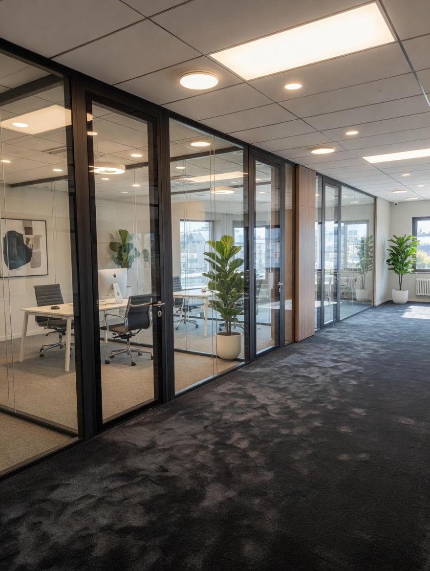 звукоизолирующая стеклянная перегородка из акустического триплекса в переговорной