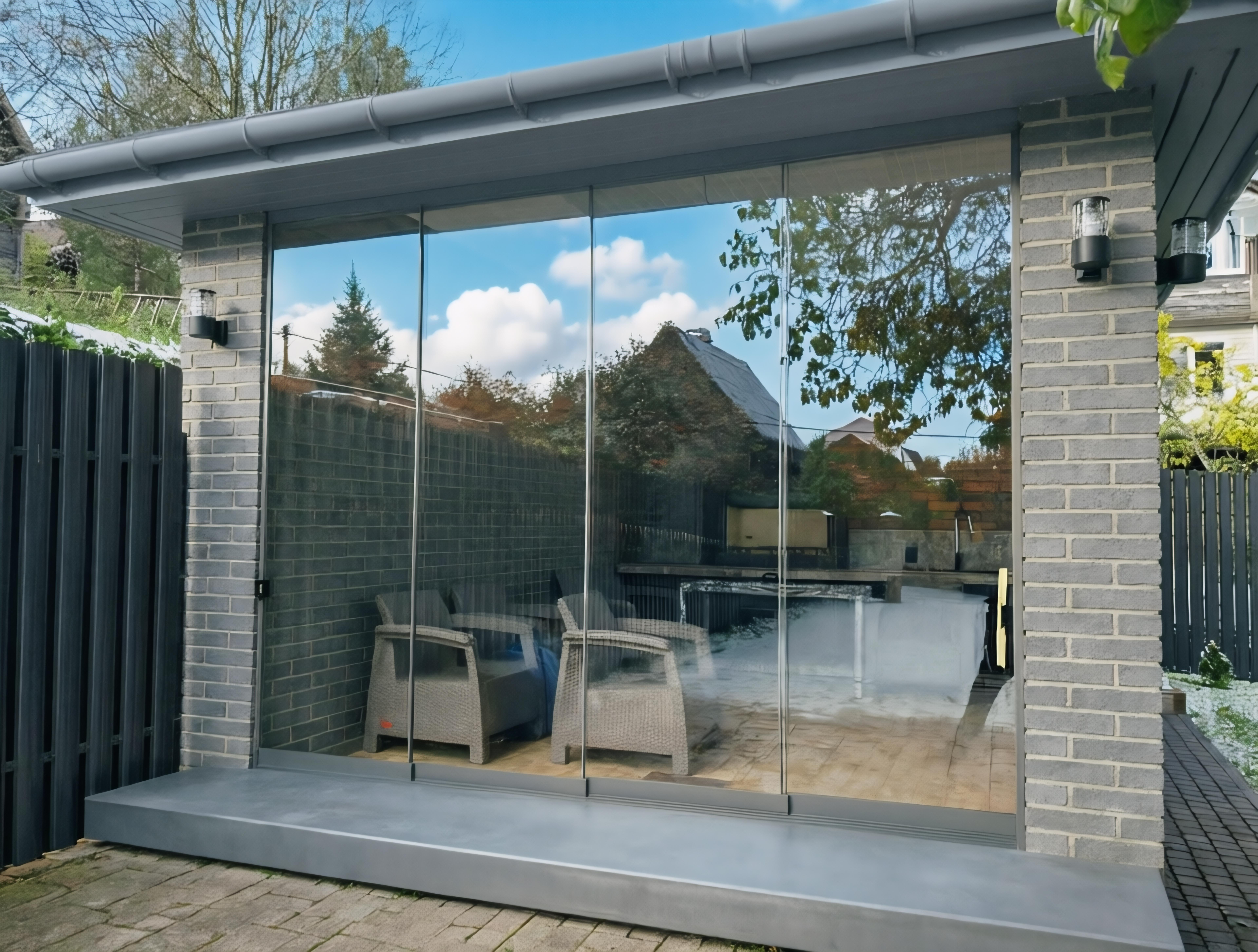 раздвижное телескопическое остекление беседки, створки сложены у стены