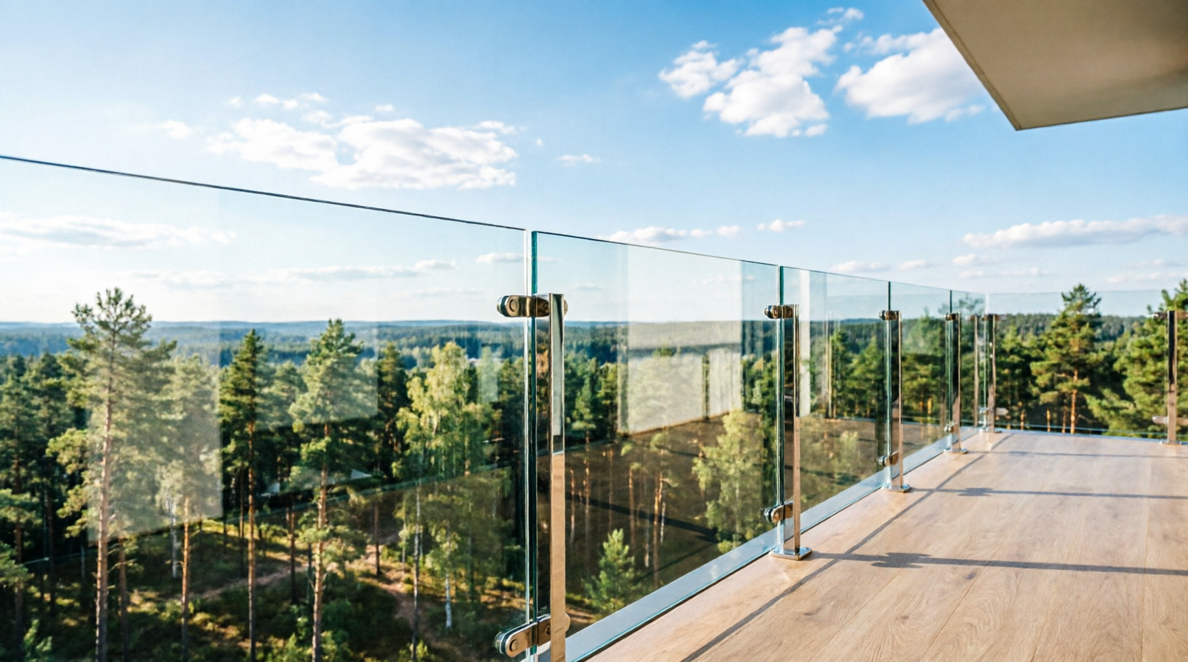 стеклянное ограждение террасы на вертикальных стойках из нержавеющей стали с деревянным поручнем