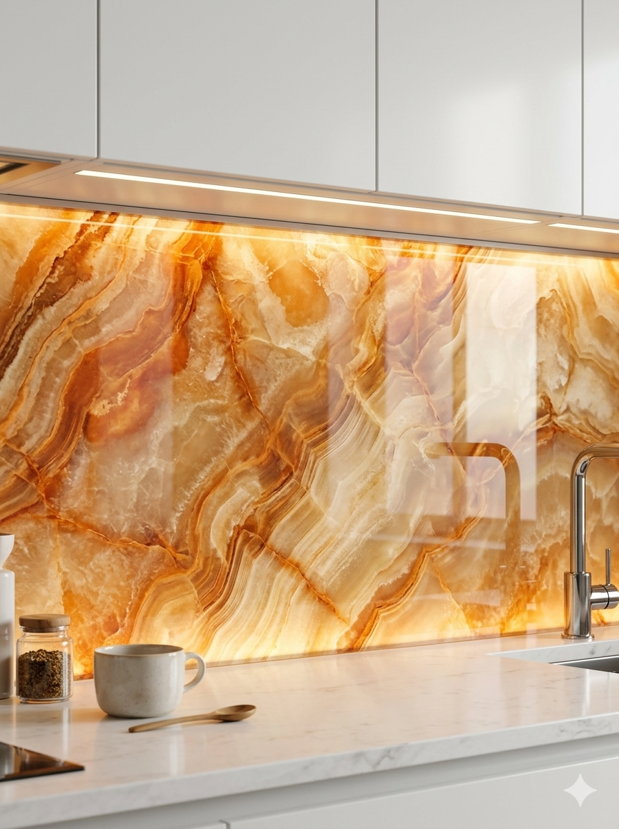 кухонный фартук из стекла с УФ-печатью, текстура оникс